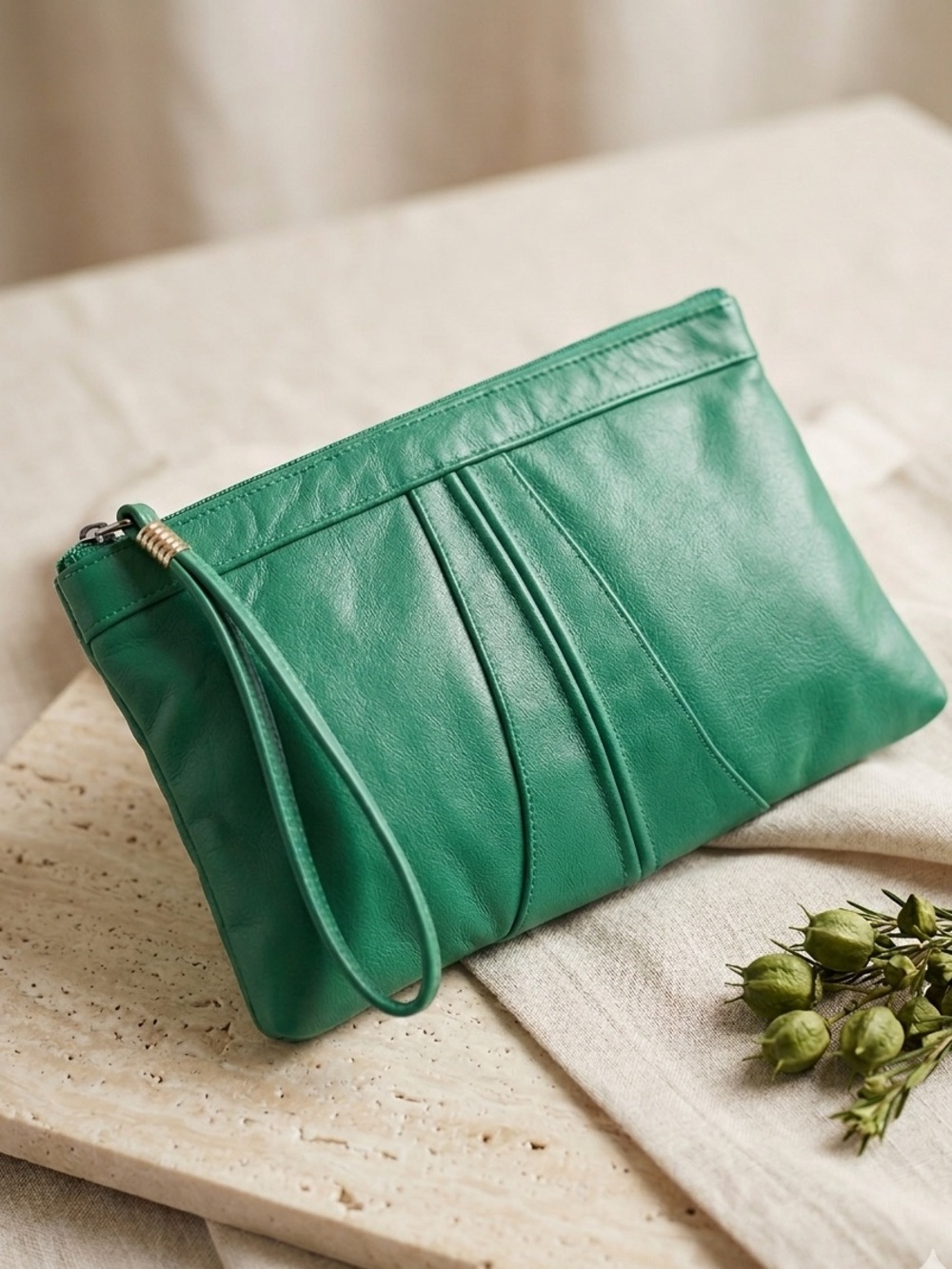 Vintage Etra Inc. Green Leather‎ Wristlet Clutch Women's Bag